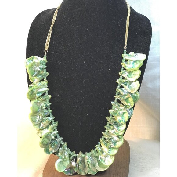 1990s Freshwater Biwa Blister Pearl Shell Emerald Green Hand Crafted Necklace - Picture 1 of 7